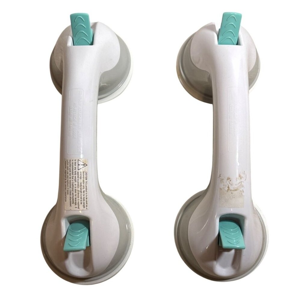 Bathroom Safety Suction Grab Bars 11 Inch Non-Slip White With Teal Accents Set O